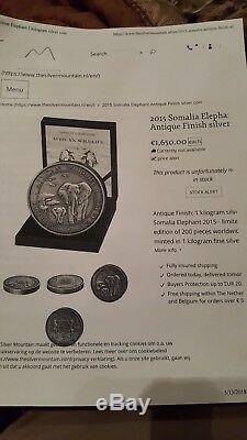 2015 1 Kilo Somalie Argent Éléphant Coin (bu, Finition Antique 200 Tirage)