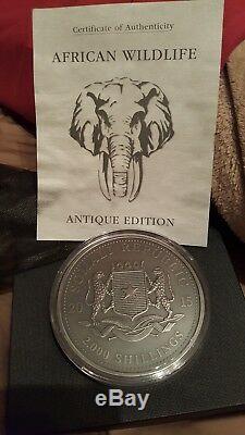 2015 1 Kilo Somalie Argent Éléphant Coin (bu, Finition Antique 200 Tirage)