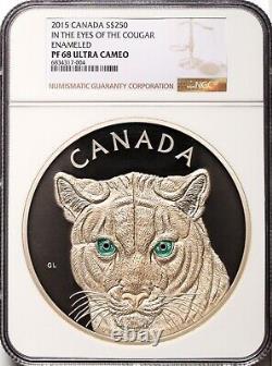 2015 Canada Kilo d'argent pur $250 NGC PF68 UC Yeux émaillés du Cougar COA