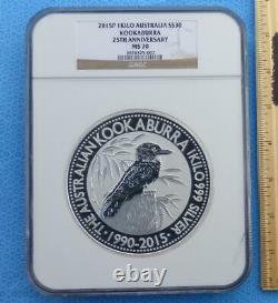 2015 Ngc Ms 70 Australian Kookaburra $30 Coin, 1 Kilo. 999 Argent Fin, 32,15 Oz