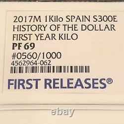 2017 Espagne 1 Kilo Histoire du Dollar Première Sortie Pf69 Ngc Coa Disp Box #2m