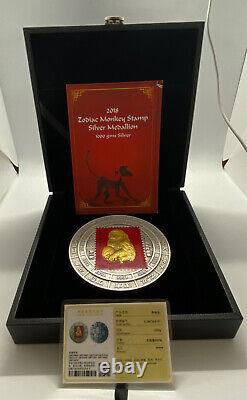 2018 Chine 1 Kilo Argent Zodiaque Singe d'Or Timbre Médaille Pièce Boîte & COA