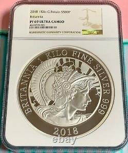 2018 Royaume-uni Royal Monnaie Britannia Silver Proof 1 Kilo Ngc Pf69 Ultra Cameo #23 Avec Coa