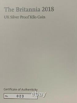 2018 Royaume-uni Royal Monnaie Britannia Silver Proof 1 Kilo Ngc Pf69 Ultra Cameo #23 Avec Coa
