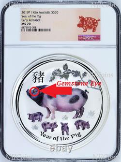 2019 Australie Année Lunaire De L'argent Pig 1 Kilo Gemstone $ 30 Coin Mbac Ms 70