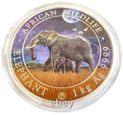 2022 Somalie 1 kilo Éléphant en argent (Géant Lune) #90 sur 100 frappés! Avec boîte et certificat d'authenticité