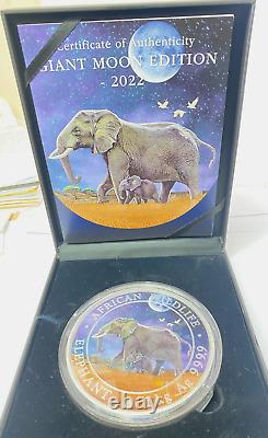 2022 Somalie 1 kilo Éléphant en argent (Géant Lune) #90 sur 100 frappés! Avec boîte et certificat d'authenticité