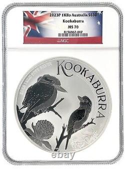 2023 Australie Kilo Argent Kookaburra NGC MS70 Étiquette du Drapeau