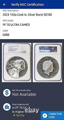 2023 CIT Silver Burst Kilo Cook Islands $100 NGC PF70 UC POP 1 Seulement 99 Fabriqués