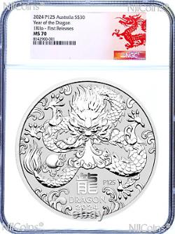 2024 Année lunaire du DRAGON 1 Kilo Pièce en argent Bullion $30 NGC MS70 FR