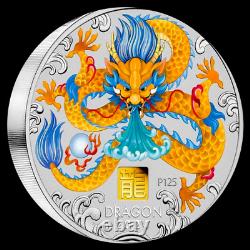Année du Dragon 2024 - Pièce de 1K en argent coloré avec un marquage privé en or de 1 gramme