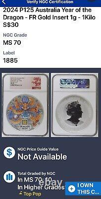 Année lunaire australienne 2024 de la DRAGON 1 kilo d'argent 1g d'or Privy OGP NGC MS70