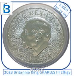 Effigie du roi Charles III de Grande-Bretagne Britannia en argent d'un kilo, 500 livres, en 2023.