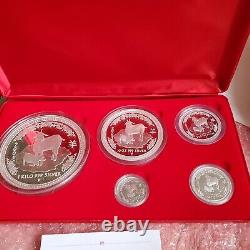 Ensemble de 5 pièces d'argent preuve de 1 kilo, 10 onces, 2 onces et 1 once, Année du Chèvre, Lunar I, Australie 2003.