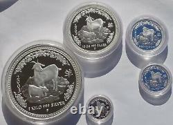 Ensemble de 5 pièces en argent preuve de 2003 Australie Lunar I Année de la Chèvre 1 Kilo 10 2 1 Oz.