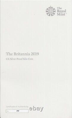 Épreuve en argent fin de 1 kg 2019 £500 Britannia Royal Mint COA + Boîte