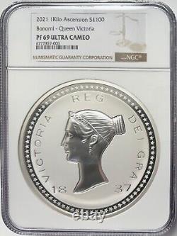 Île de l'Ascension 2021 Kilo d'argent £100 Reine Victoria par Bonomi NGC PF-69 UCAM