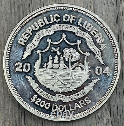 Journée commémorative des oiseaux du Libéria 2004 Pièce en argent pur de 9999 $200 preuve demi-kilo.