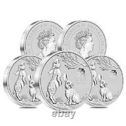 Lot de 5 pièces d'argent d'un kilo Lunar année du lapin BU 2023 de la Monnaie de Perth Australienne.