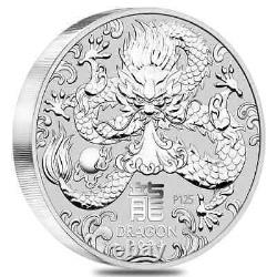 Lot de 5 pièces de 1 kilo d'argent Lunar Dragon BU 2024 de la Monnaie de Perth en Australie