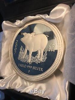 Perth Mint Australie $ 30 Lunar Pig 2007 1 KG Kilo. 999 Silver Coin (100 Frappées)