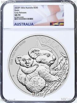 Pièce 1 Kilo d'argent Koala 2023 9999 $30 NGC MS70 Early Release 32.2oz Étiquette drapeau
