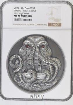 Pièce d'argent antique de 1 kilo de H. P. Lovecraft Cthulhu Palau 2023