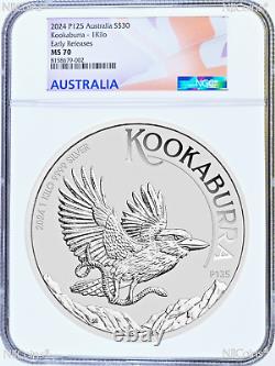 Pièce de 1 kg en argent Kookaburra 2024 de 9999 $ NGC MS70 32,2 oz Label Flag ER