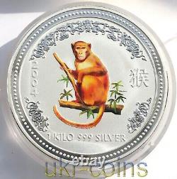 Pièce de 1 kilo d'argent colorée, année du Singe, Lunar I, Australie 2004 $30, non circulée (BU)