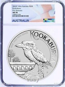Pièce de 1 kilo en argent 9999 Kookaburra 2022, évaluée NGC MS70 à 30 $ avec étiquette drapeau FR de 32,2 oz