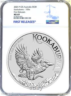 Pièce de 1 kilo en argent fin 9999 Kookaburra 2024, évaluée à 30 dollars et certifiée NGC MS69, 32.2 onces, étiquette bleue FR