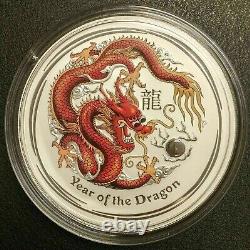 Pièce de monnaie en argent coloré de 1 kilo d'argent lunaire australien de 2012 représentant un dragon