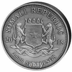 Pièce de monnaie en argent de 1 kilogramme de 2000 shillings de 2015 ? Éléphant somalien ? Finition antique KG