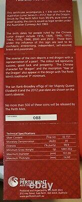 Plus Rare 2012 Australie Argent Dragon 1 Kilo 999 Argent Couleur Rouge Proof Coa 88
