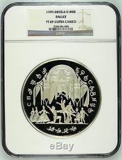 Russie 1995 Argent 1 Kilo KG Coin 100 Roubles Ballet Sleeping Beauty Ngc Pf69 Coa